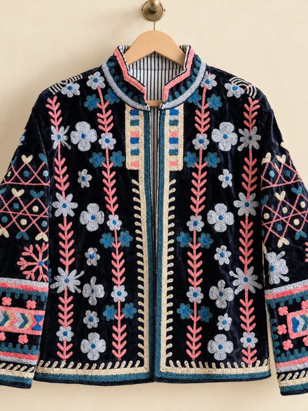 Black Suzani Velvet Jacket Embroidered Floral Geometry Short Coat Women